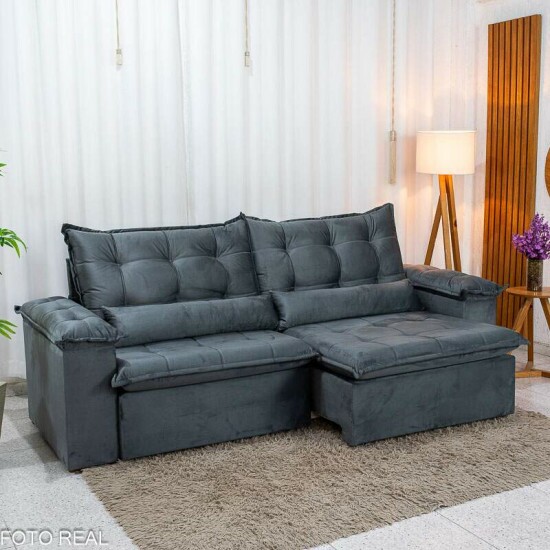Sof� Retr�til Reclin�vel Niger 2.50m Veludo Cinza B142 - Sem Caixa