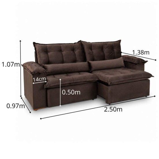 Sof� Retr�til Reclin�vel Niger 2.50m Veludo Marrom B131 - Sem Caixa