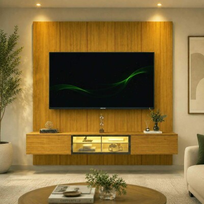 Painel Realce Larg. 2.20m Naturale + Nicho Luminare Larg. 2.15m Naturale C/Led Para TV's 85 Polegadas - Gelius