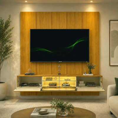 Painel Realce Larg. 2.20m Naturale + Nicho Luminare Larg. 2.15m Naturale C/Led Para TV's 85 Polegadas - Gelius