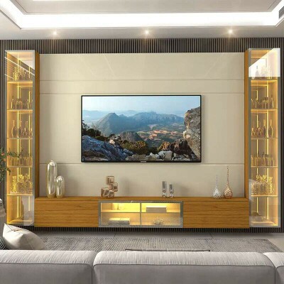 Home Luminare Reflect Larg. 2.93m Off White/Naturale C/LED e Espelho TV de at� 85