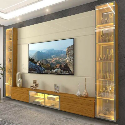Home Luminare Reflect Larg. 2.93m Off White/Naturale C/LED e Espelho TV de at� 85