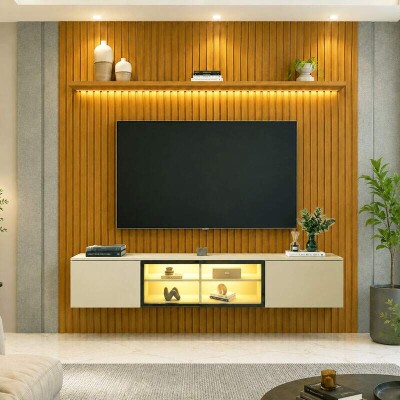 Painel Nobre Larg. 1.85m Naturale Ripado + Nicho Larg. 1.51m Luminare Off C/Led para TV at� 75