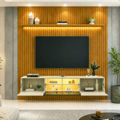 Painel Nobre Larg. 1.85m Naturale Ripado + Nicho Larg. 1.51m Luminare Off C/Led para TV at� 75
