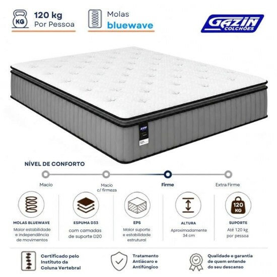 Colch�o Casal Tower Cinza 138x188x34 Molas BlueWave - Gazin | Suporta at� 240kg