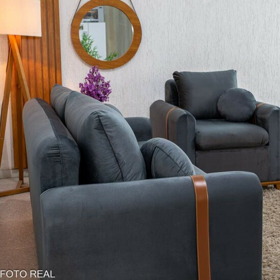 Sof� 3 lugares Kievi + Poltrona Kievi Veludo Grafite A15