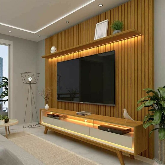 Rack Requinte Larg. 2.12m Naturale/off + Painel Nobre Larg. 2.30m Naturale Ripado C/ Led 100% MDF TV at� 85\\\" - Gelius