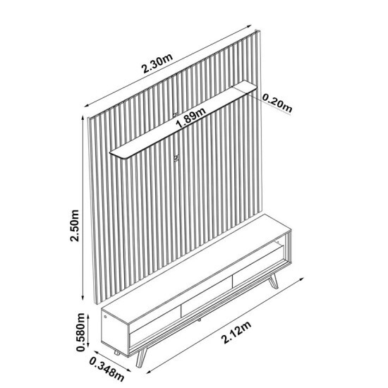 Rack Requinte Larg. 2.12m Naturale/off + Painel Nobre Larg. 2.30m Naturale Ripado C/ Led 100% MDF TV at� 85\\\" - Gelius