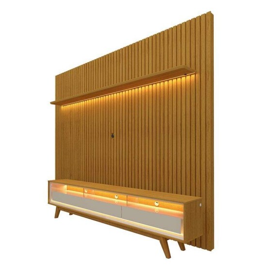 Rack Requinte Larg. 2.12m Naturale/off + Painel Nobre Larg. 2.30m Naturale Ripado C/ Led 100% MDF TV at� 85\\\" - Gelius