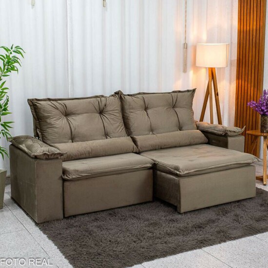 Sof� Retr�til Reclin�vel Gr�cia 2.30m Veludo Capuccino - Sem Caixa