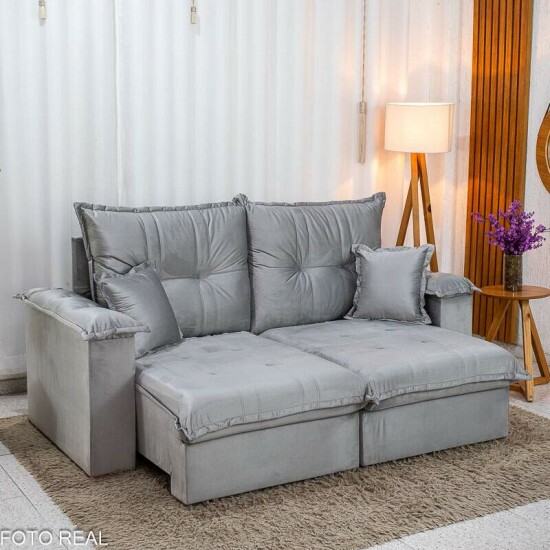 Sof� Retr�til Reclin�vel Bella 2.00m Veludo Prata 20