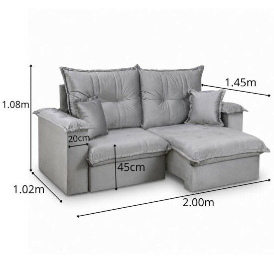 Sof� Retr�til Reclin�vel Bella 2.00m Veludo Prata 20