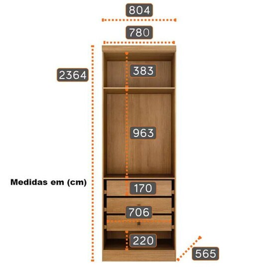Modulado Guarda-roupa Rizon Cumaru Larg. 0.804m 2 Portas Reflecta 3 Gavetas - Novo Horizonte