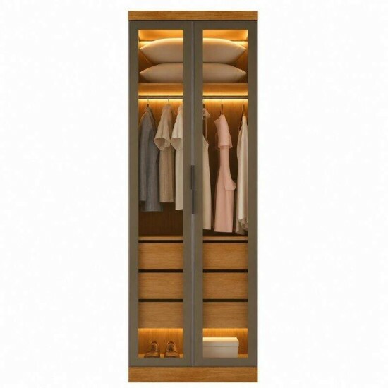 Modulado Guarda-roupa Rizon Cumaru Larg. 0.804m com Led 2 Portas Reflecta 3 Gavetas - Novo Horizonte