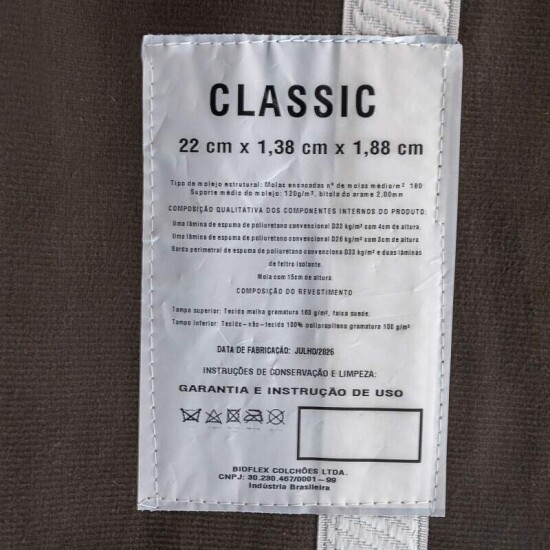 Colch�o Casal Classic 138x188x22 Molas Ensacadas - Bioflex | Suporta at� 240kg