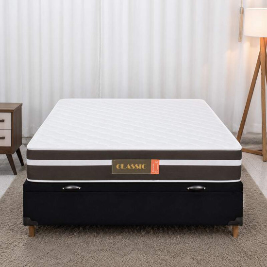 Colch�o Casal Molas Ensacadas Classic Bioflex + Base Box Ba� Casal Carioca Sued Preto Blindado Bioflex - 138x188x62