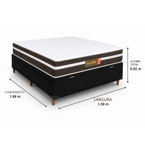 Colch�o Casal Molas Ensacadas Classic Bioflex + Base Box Ba� Casal Carioca Sued Preto Blindado Bioflex - 138x188x62