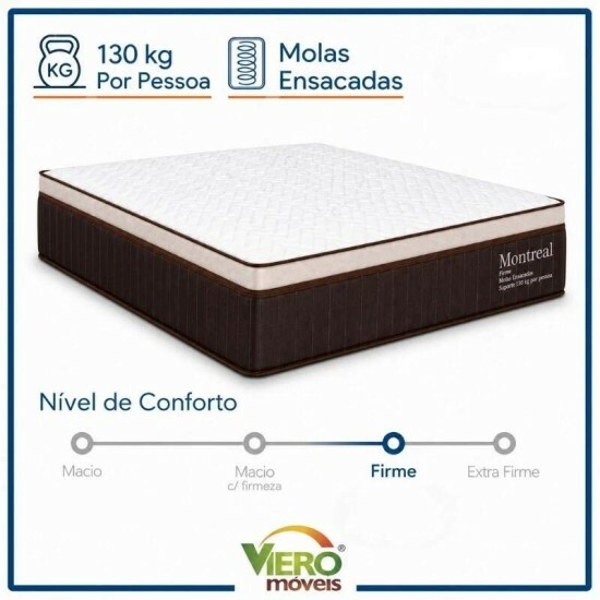 Colch�o Casal Montreal Molas Ensacadas - Viero + Base Box Ba� Prime Confort Sued Marrom Blindado 138x188x77 - Issacar | Suporta at� 260kg