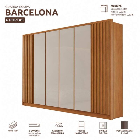 Guarda-roupa Barcelona Larg. 2.44m Naturale/Off 6 Portas 6 Gavetas