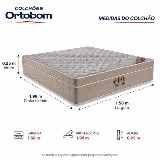Colch�o Queen Airtech Springpocket Molas Ensacadas - Ortobom + Base Box Ba� Queen Bipartido Prime Confort Linh�o Palha Blindado - Issacar 158x198x70 | Suporta at� 240kg
