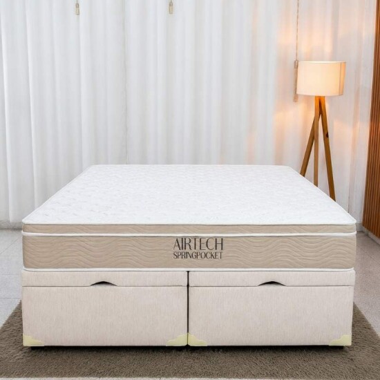 Colch�o Queen Airtech Springpocket Molas Ensacadas - Ortobom + Base Box Ba� Queen Bipartido Prime Confort Linh�o Palha Blindado - Issacar 158x198x70 | Suporta at� 240kg