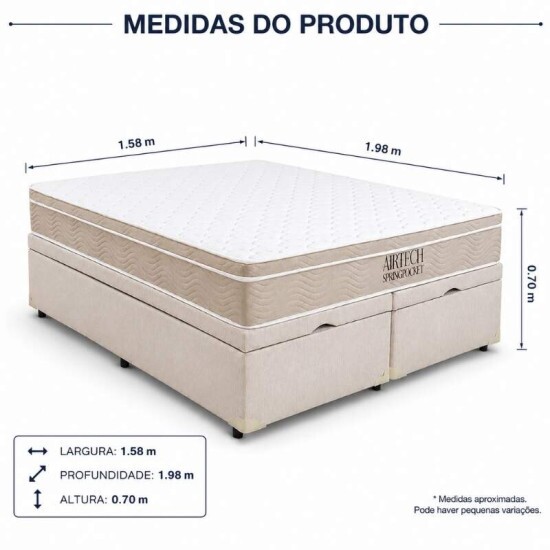 Colch�o Queen Airtech Springpocket Molas Ensacadas - Ortobom + Base Box Ba� Queen Bipartido Prime Confort Linh�o Palha Blindado - Issacar 158x198x70 | Suporta at� 240kg