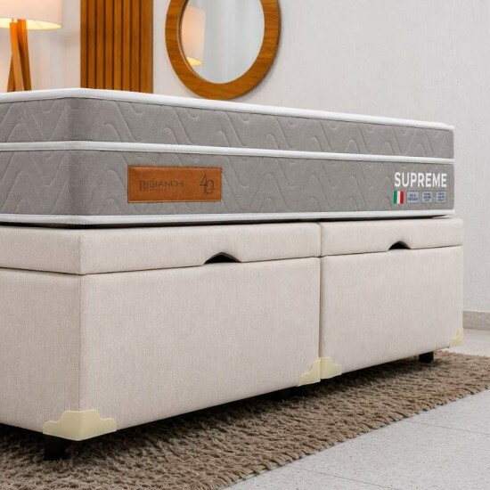 Colch�o Queen Supreme Molas Ensacadas - Bianchi + Base Box Ba� Queen Bipartido Prime Confort Linh�o Palha Blindado - Issacar 158x198x78 | Suporta at� 400kg
