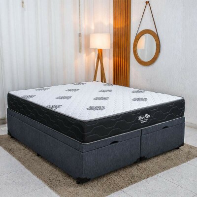 Colch�o Queen Star Plus Molas Ensacadas Pocket - Inovaflex + Base Box Ba� Queen Bipartido Prime Confort Linh�o Petr�leo Blindado - Issacar 158x198x70 | Suporta at� 240kg