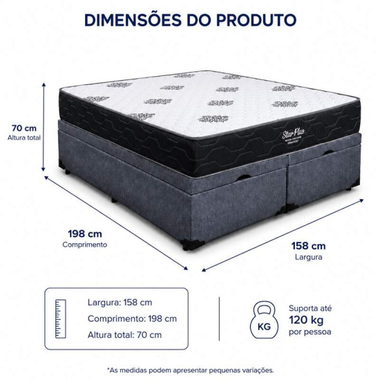 Colch�o Queen Molas Ensacadas Pocket Star Plus Inovaflex + Base Box Ba� Queen Confort Linh�o Petr�leo Blindado Issacar - 158x198x70