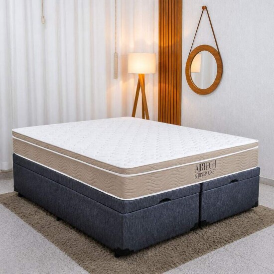 Colch�o Queen Airtech Springpocket Molas Ensacadas - Ortobom + Base Box Ba� Queen Bipartido Prime Confort Linh�o Petr�leo Blindado - Issacar 158x198x70 | Suporta at� 240kg