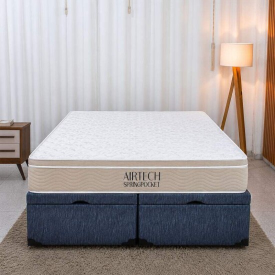 Colch�o Queen Airtech Springpocket Molas Ensacadas - Ortobom + Base Box Ba� Queen Bipartido Prime Confort Linh�o Petr�leo Blindado - Issacar 158x198x70 | Suporta at� 240kg