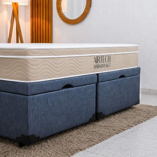 Colch�o Queen Airtech Springpocket Molas Ensacadas - Ortobom + Base Box Ba� Queen Bipartido Prime Confort Linh�o Petr�leo Blindado - Issacar 158x198x70 | Suporta at� 240kg
