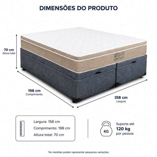 Colch�o Queen Airtech Springpocket Molas Ensacadas - Ortobom + Base Box Ba� Queen Bipartido Prime Confort Linh�o Petr�leo Blindado - Issacar 158x198x70 | Suporta at� 240kg