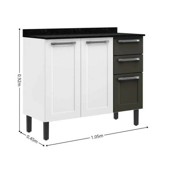 Balc�o Cozinha Floren�a Larg. 1.05m Branco/Grafite 3 Portas 2 Gavetas em A�o - Itatiaia