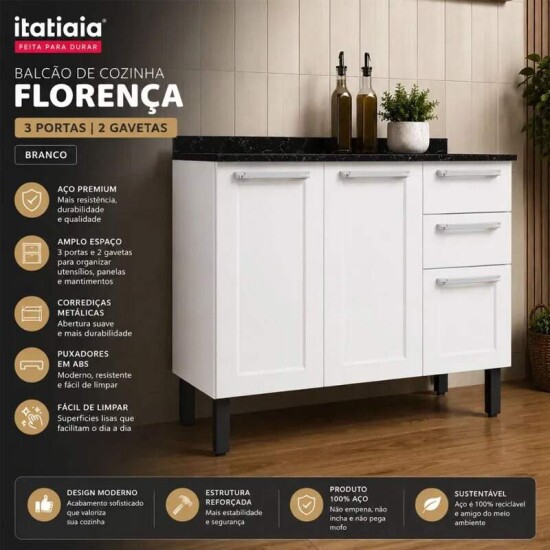 Balc�o Cozinha Floren�a Larg. 1.05m Branco 3 Portas 2 Gavetas em A�o - Itatiaia