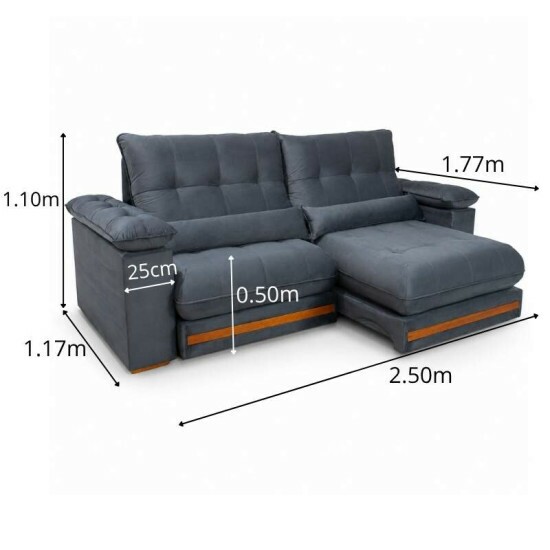 Sof� Retr�til Reclin�vel Gran Master 2.50m Veludo Cinza - D33 e Molas Ensacadas