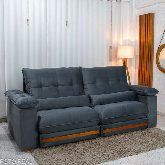 Sof� Retr�til Reclin�vel Gran Master 2.50m Veludo Cinza - D33 e Molas Ensacadas