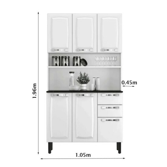 Kit Cozinha Pratika Larg. 1.05m Branco 1904 6 Portas 2 Gavetas em A�o - Itatiaia