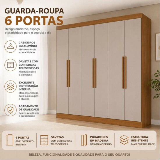 Guarda-roupa Roma Larg. 1.77m Cinamomo/Off 6 Portas 2 Gavetas - Sall�to
