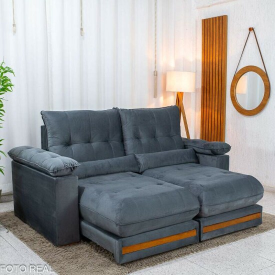 Sof� Retr�til Reclin�vel Gran Master 2.00m Veludo Cinza - D33 e Molas Ensacadas
