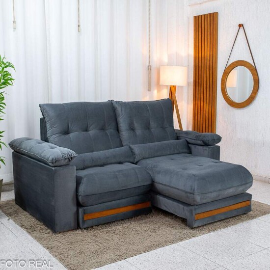 Sof� Retr�til Reclin�vel Gran Master 2.00m Veludo Cinza - D33 e Molas Ensacadas