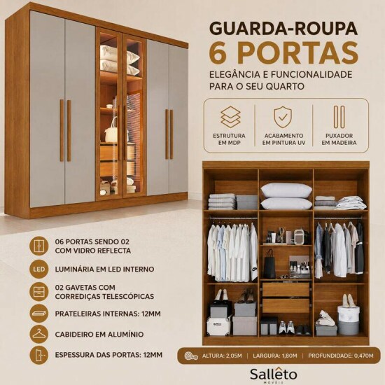 Guarda-roupa Vision Larg. 1.80m Cinamomo/Off com Porta Reflecta e LED - Sall�to