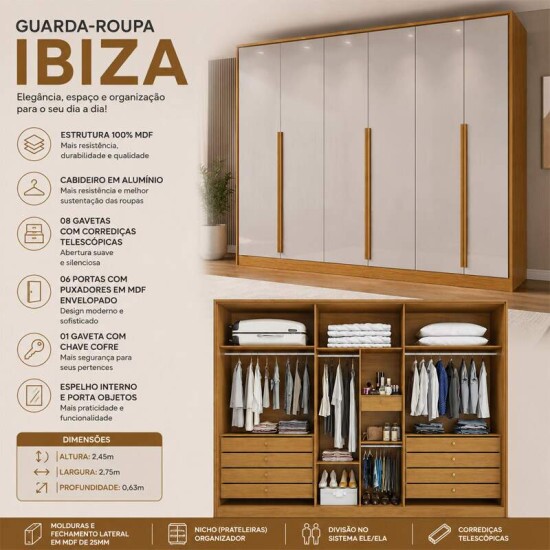 Guarda-roupa Ibiza Larg. 2.75m Nature/Off 6 Portas 8 Gavetas - Bianchi