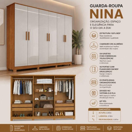 Guarda-roupa Nina Larg. 2.12m Nature/Off 6 Portas 4 Gavetas C/p�s - Bianchi