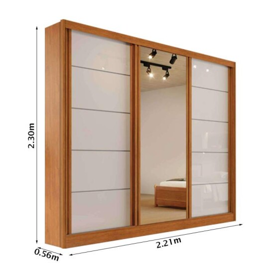 Guarda-roupa Capri Plus Larg. 2.21m Nature/Off C/Espelho 3 Portas 4 Gavetas - Bianchi