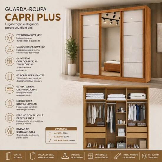 Guarda-roupa Capri Plus Larg. 2.21m Nature/Off C/Espelho 3 Portas 4 Gavetas - Bianchi