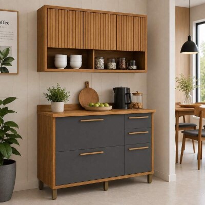 Balc�o Cozinha Torino Larg. 1.20m Cinamomo/Grafite 3 Portas 2 Gavetas + A�reo Cozinha Torino Larg. 1.20m Cinamomo 3 Portas Ripado - Valdemoveis