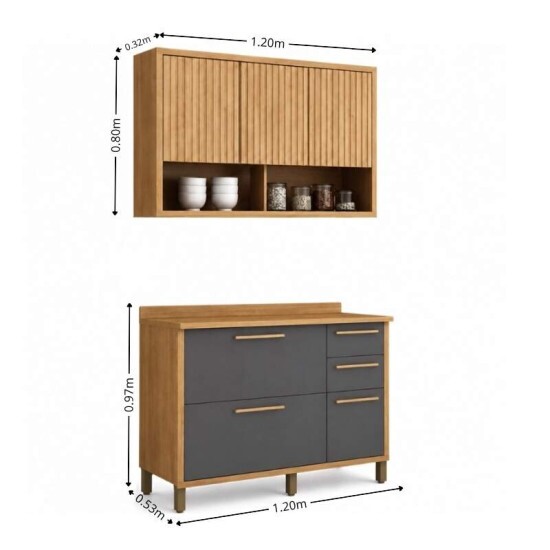 Balc�o Cozinha Torino Larg. 1.20m Cinamomo/Grafite 3 Portas 2 Gavetas + A�reo Cozinha Torino Larg. 1.20m Cinamomo 3 Portas Ripado - Valdemoveis
