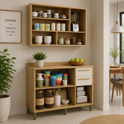 Balc�o Cozinha Torino Larg. 1.20m Cinamomo/Off 3 Portas 2 Gavetas + A�reo Cozinha Torino Larg. 1.20m Cinamomo 3 Portas Ripado - Valdemoveis
