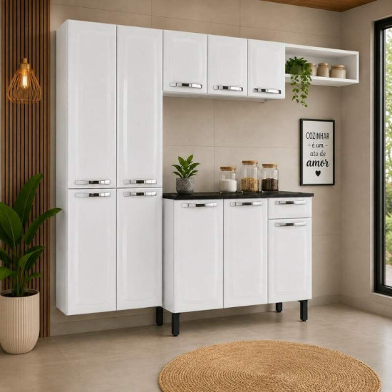 Cozinha em A�o 4 Pe�as 2,45m Rose Branco: Paneleiro + A�reo + Nicho de Geladeira + Balc�o - Itatiaia